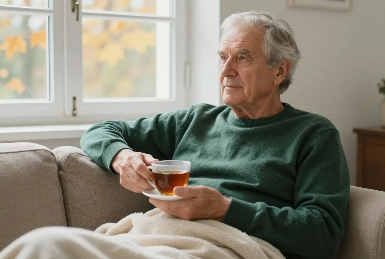 Mann Ende siebzig mit grauem Haar in dunkelgrünem Pullover ruht mit einer Tasse Tee und einer hellen Decke auf dem Sofa am Fenster, draußen Herbstlaub