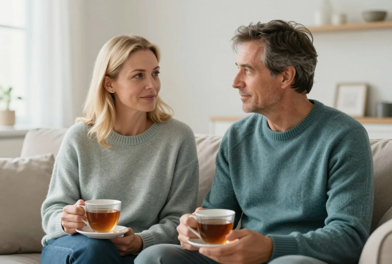 Paar Mitte vierzig in bunten Strickpullovern sitzt auf einem Sofa in einem hellen Wohnzimmer und unterhält sich ruhig bei einer Tasse Tee