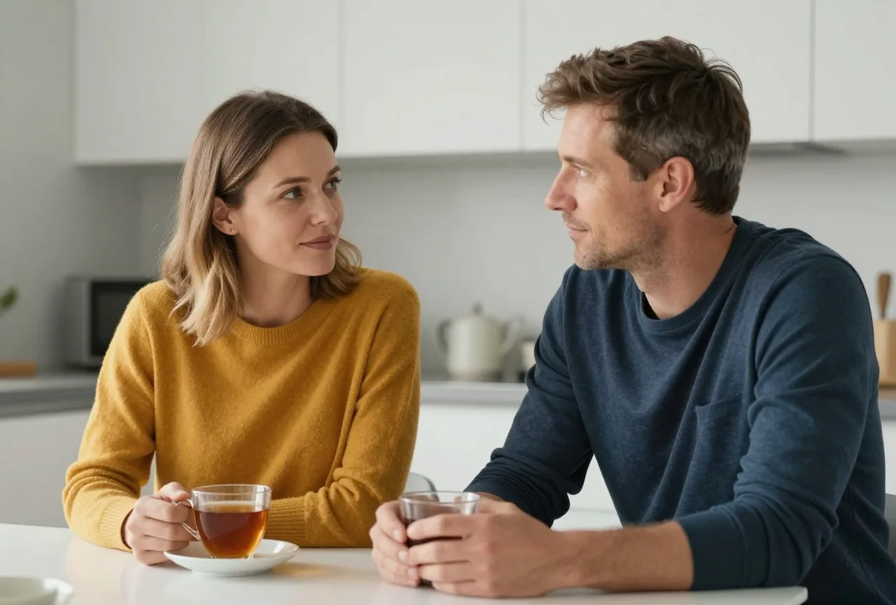 Mutter und Vater Anfang vierzig sitzen an einem hellen Nachmittag am Küchentisch, trinken Tee und unterhalten sich ruhig