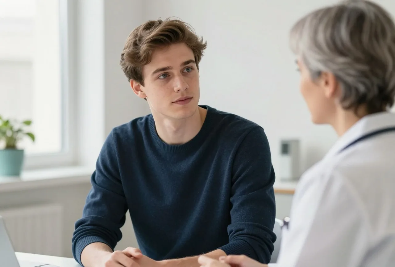 Junger Mann Anfang zwanzig mit braunem Haar in einem dunkelblauen Pullover spricht in einem hellen Sprechzimmer mit einer Hautärztin mit grauem Kurzhaarschnitt