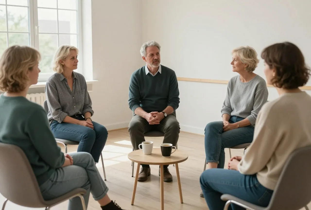 Fünf Erwachsene unterschiedlichen Alters sitzen in einem hellen Gemeinschaftsraum mit großen Fenstern im Stuhlkreis, ein grauhaariger Mann spricht, die anderen hören aufmerksam zu