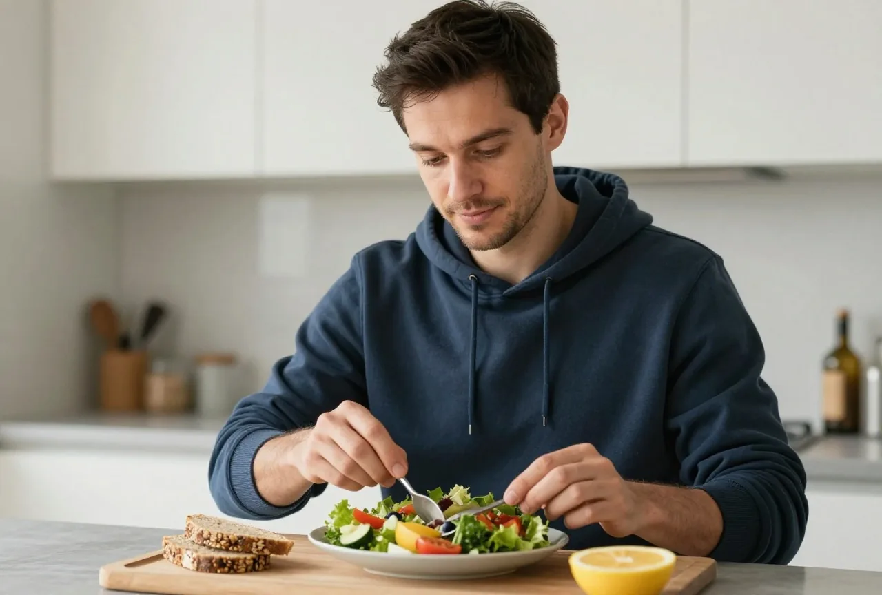 Mann Anfang vierzig mit kurzem dunklem Haar in einem dunkelblauen Kapuzenpullover bereitet in einer hellen Küche einen bunten Salat mit Vollkornbrot und frischem Obst zu