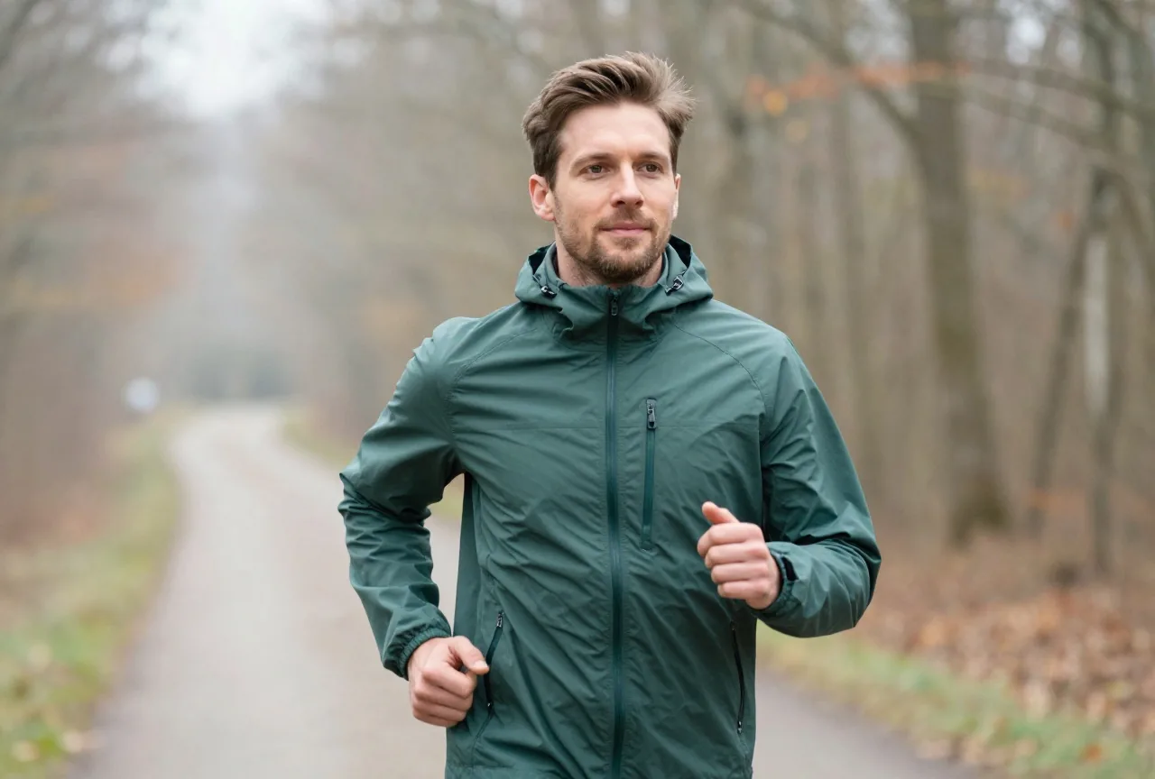 Mann Anfang vierzig mit kurzem braunem Haar in einer grünen Jacke joggt an einem klaren Herbstmorgen auf einem Waldweg