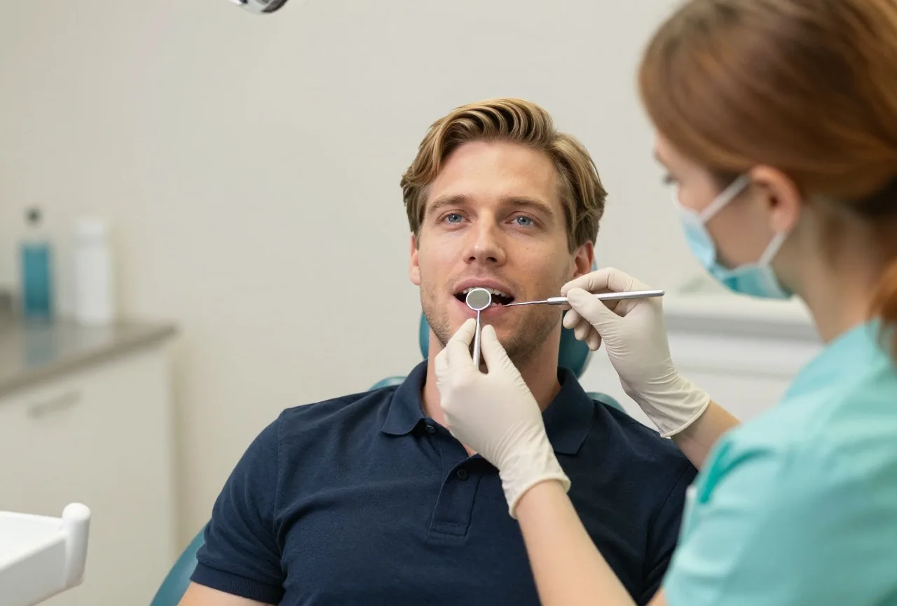 Mann Ende vierzig mit dunkelblondem Haar in einem marineblauen Poloshirt sitzt auf einem Behandlungsstuhl, eine Zahnärztin mit rotbraunem Haar schaut sich mit einem kleinen Spiegel seinen Mund an
