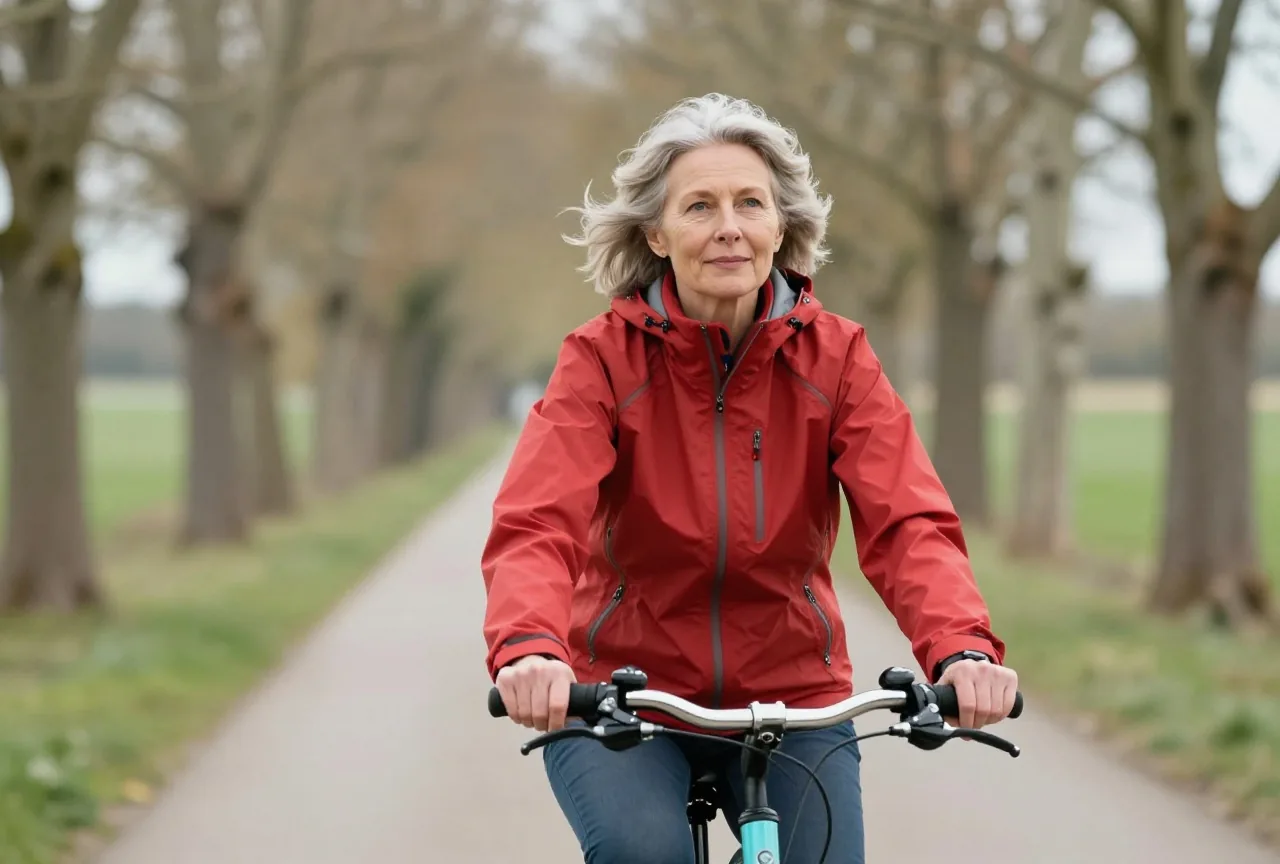 Frau Ende fünfzig mit graublondem Haar in einer roten Regenjacke fährt im Frühling mit dem Fahrrad einen ruhigen, von Bäumen gesäumten Feldweg entlang