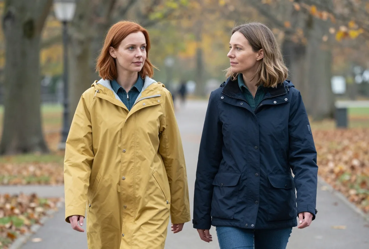 Zwei Frauen in den Dreißigern gehen an einem sonnigen Herbsttag nebeneinander einen Parkweg entlang und unterhalten sich