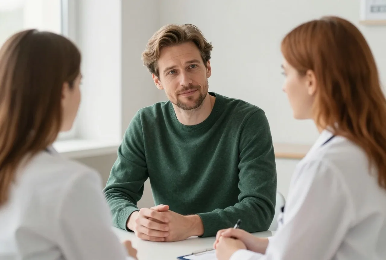 Mann Mitte vierzig mit dunkelblondem Haar sitzt in einem hellen Sprechzimmer einer Ärztin mit rotbraunem Haar gegenüber, beide unterhalten sich ruhig
