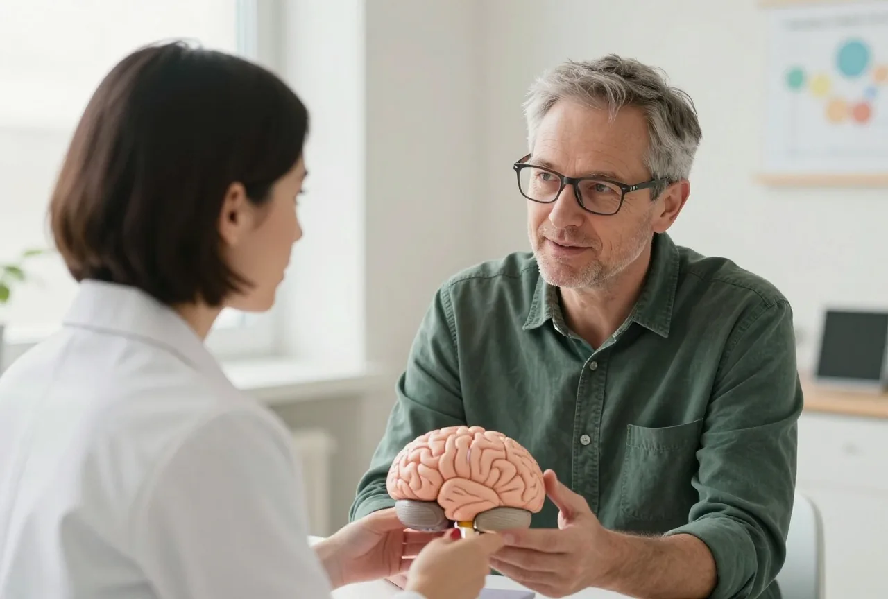 Mann Mitte vierzig mit kurzem grauem Haar und Brille spricht in einem hellen Sprechzimmer mit einer Neurologin mit dunklem Pagenkopf, die ihm ein Kunststoffmodell eines Gehirns zeigt