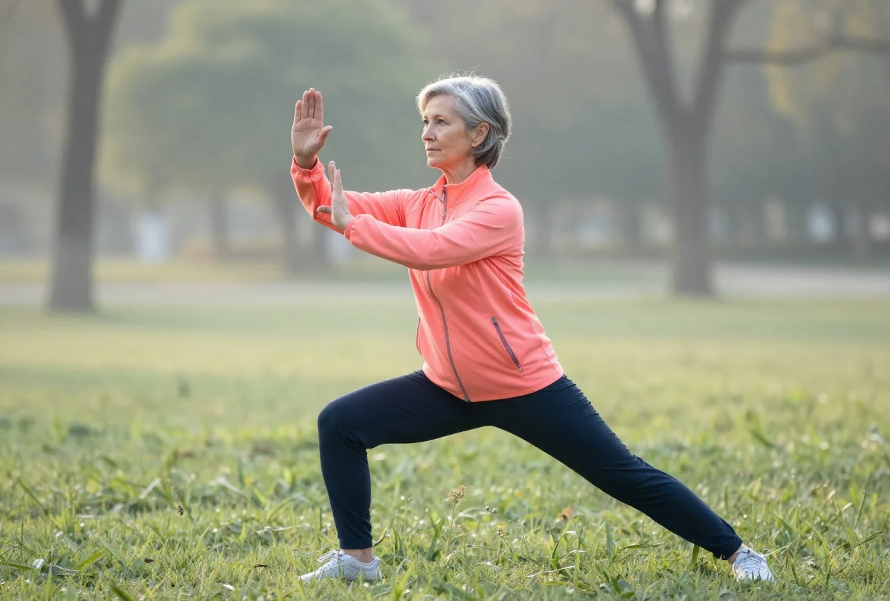 Frau Mitte fünfzig mit kurzem grauem Haar in einer korallenroten Sportjacke macht an einem Sommermorgen auf einer Parkwiese langsame Tai-Chi-Bewegungen