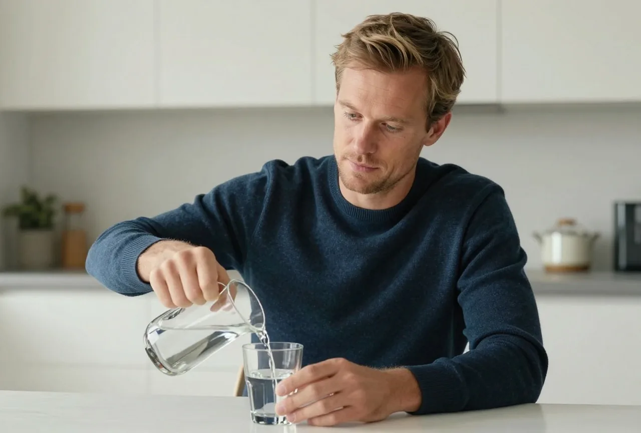 Mann Mitte dreißig mit kurzem dunkelblondem Haar in einem dunkelblauen Pullover sitzt in einer hellen Küche am Tisch und schenkt sich ein Glas Wasser ein