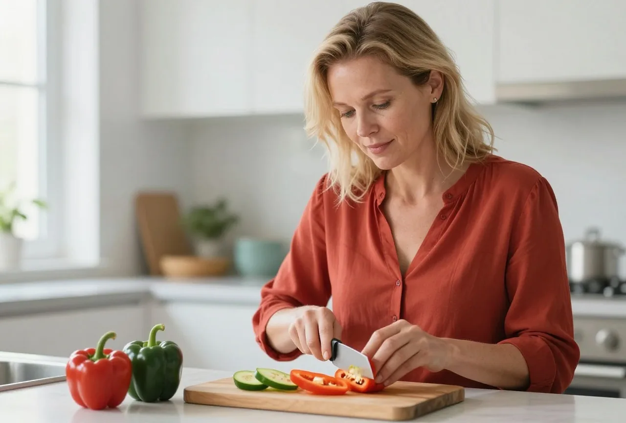 Frau Mitte vierzig mit hellblondem Haar und blauen Augen schneidet in einer hellen Küche in einer roten Bluse Paprika und Zucchini auf einem Holzbrett