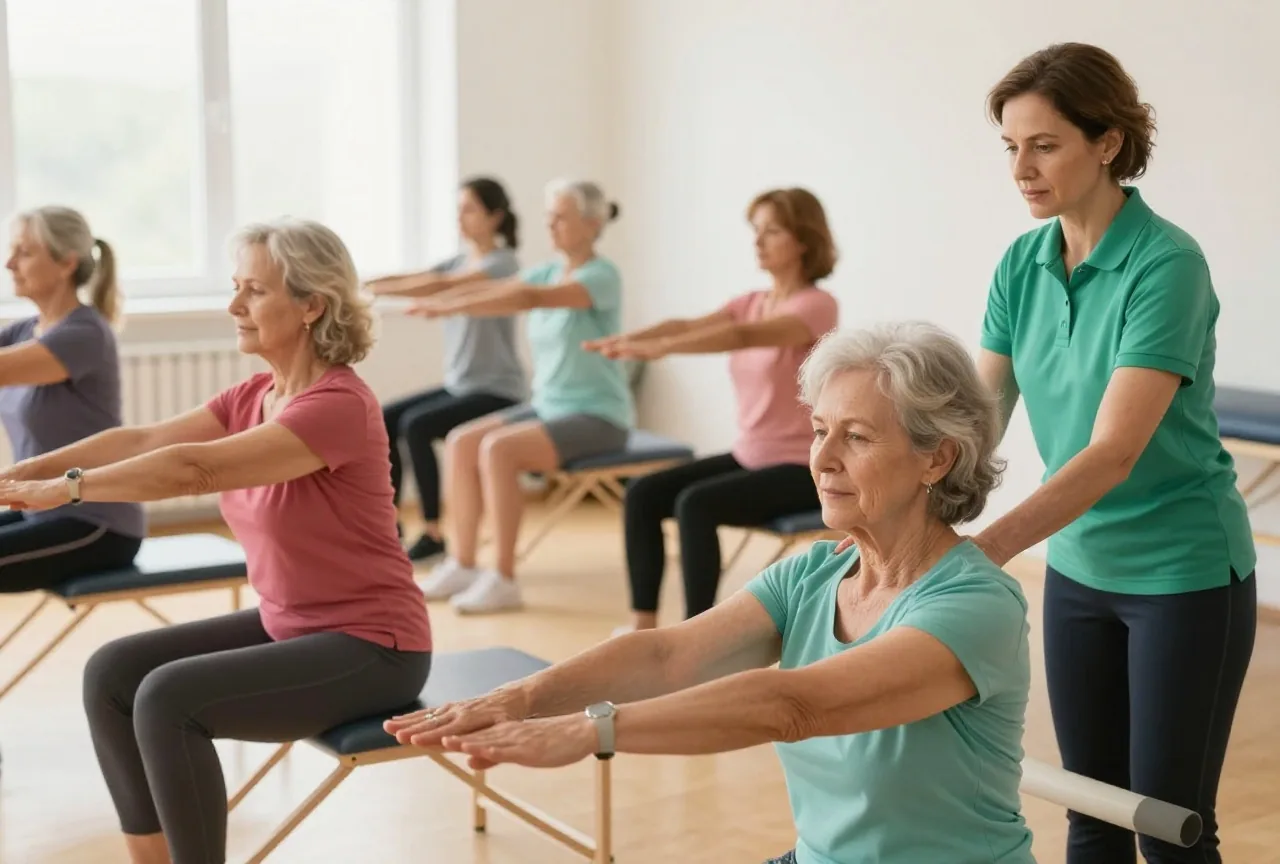 Gruppe von Frauen und Männern zwischen fünfzig und siebzig macht in einem hellen Übungsraum unter Anleitung einer Physiotherapeutin leichte Dehnübungen