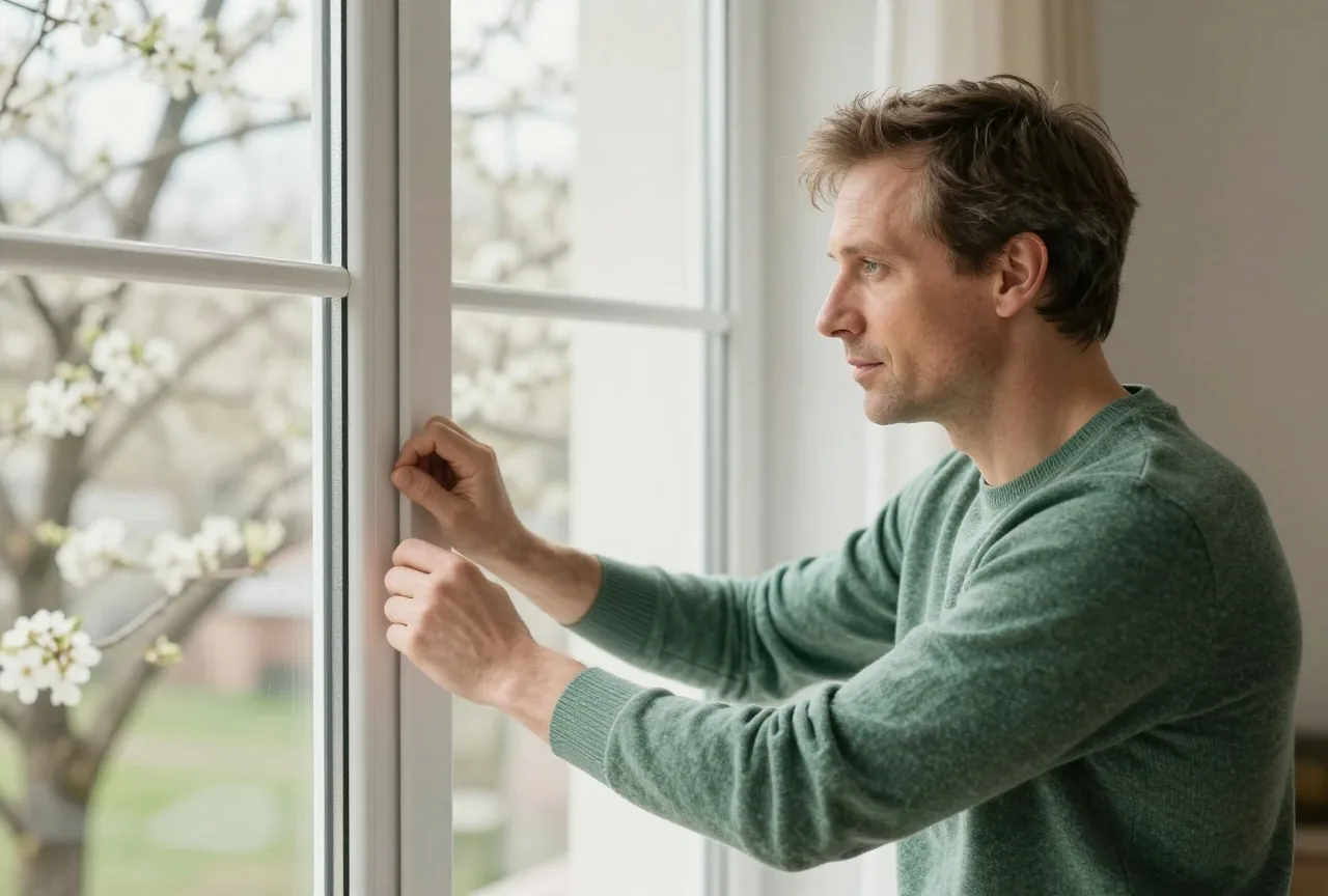 Mann Mitte vierzig mit kurzem braunem Haar in einem grünen Pullover schließt an einem sonnigen Frühlingstag das Fenster seines hellen Wohnzimmers, draußen blühen Bäume