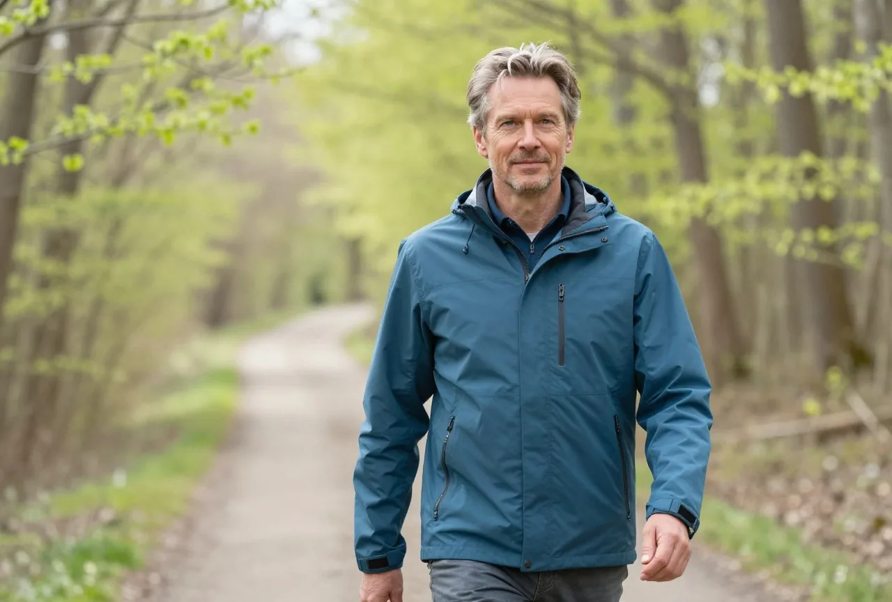 Mann Anfang fünfzig mit grau meliertem Haar in einer blauen Funktionsjacke geht an einem sonnigen Frühlingsmorgen zügig einen Waldweg entlang