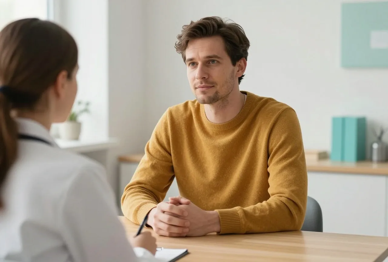 Mann Mitte vierzig mit dunkelbraunem Haar in einem senfgelben Pullover sitzt in einem hellen Sprechzimmer einer Hausärztin mit kastanienbraunem Haar gegenüber, beide unterhalten sich ruhig