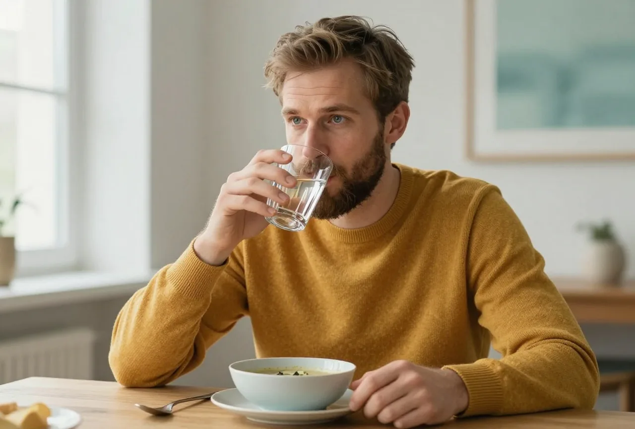 Mann Anfang vierzig mit dunkelblondem Bart sitzt in einem hellen Esszimmer am Tisch, trinkt ein Glas Wasser, vor ihm steht eine kleine Schale Suppe
