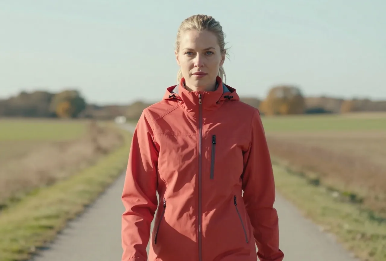 Frau Anfang dreißig mit blondem Pferdeschwanz in einer korallenroten Jacke geht an einem sonnigen Herbsttag ruhig auf einem Feldweg spazieren