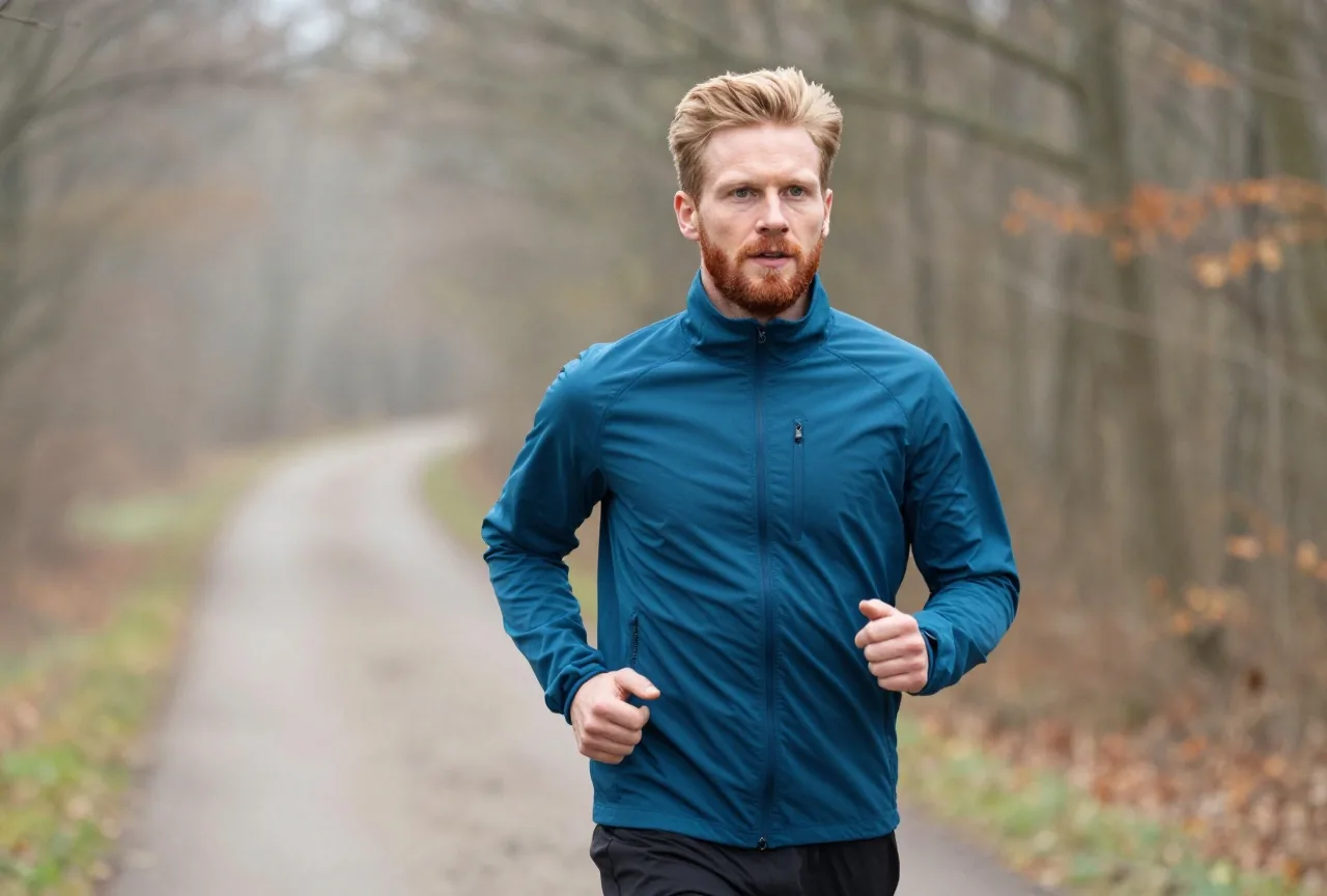 Mann Anfang vierzig mit rotblondem Haar und kurzem Bart läuft in einer blauen Laufjacke an einem kühlen Morgen gleichmäßig auf einem Waldweg