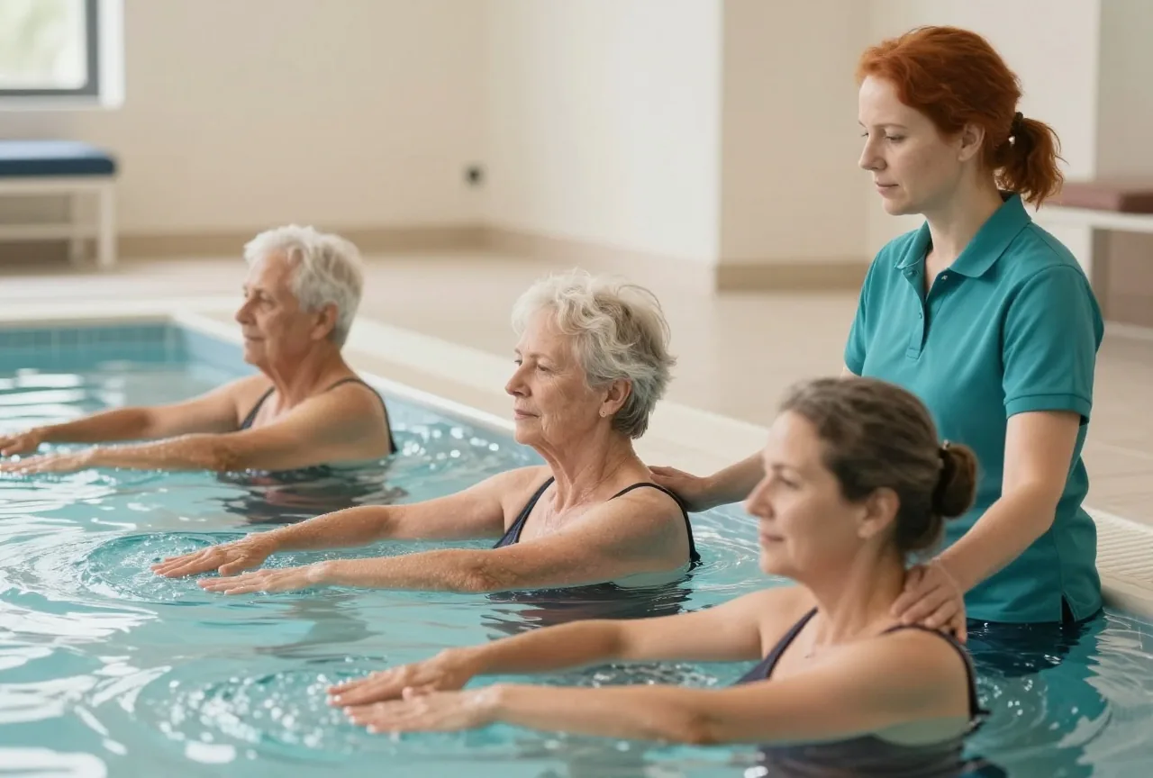 Drei Erwachsene unterschiedlichen Alters machen in einem hellen Bewegungsbad unter Anleitung einer Physiotherapeutin Gymnastik im Wasser