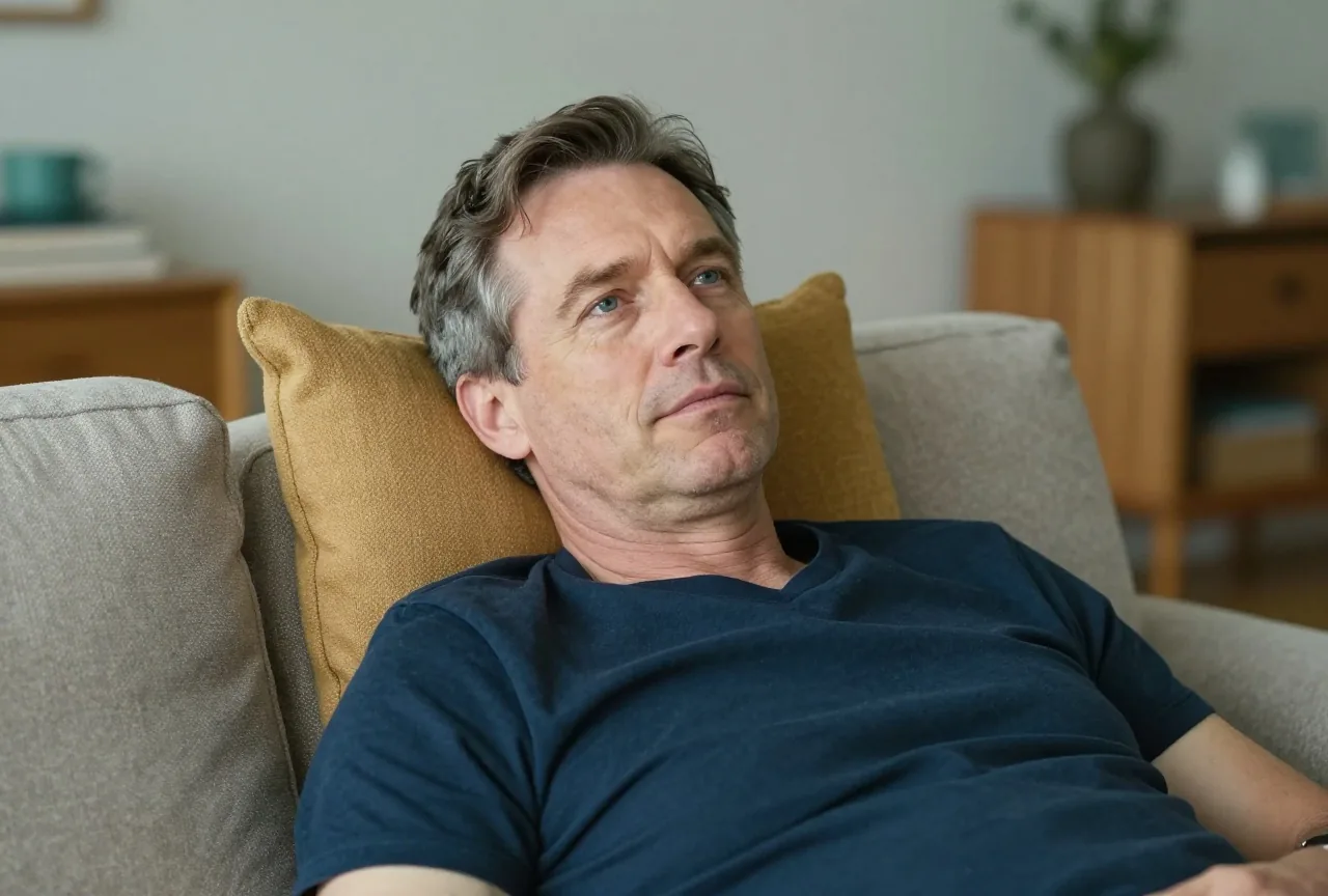 Mann in den Fünfzigern mit kurzem, grau meliertem dunklem Haar in einem dunkelblauen T-Shirt liegt entspannt auf einem Sofa im Wohnzimmer, ein warmes Körnerkissen liegt auf seinen Schultern