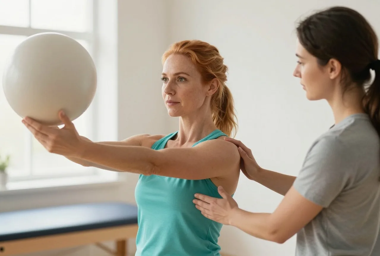 Frau Mitte vierzig mit rotblondem Haar trainiert in einem hellen Therapieraum mit einer Physiotherapeutin, die ihren Arm beim Anheben eines leichten Balls unterstützt