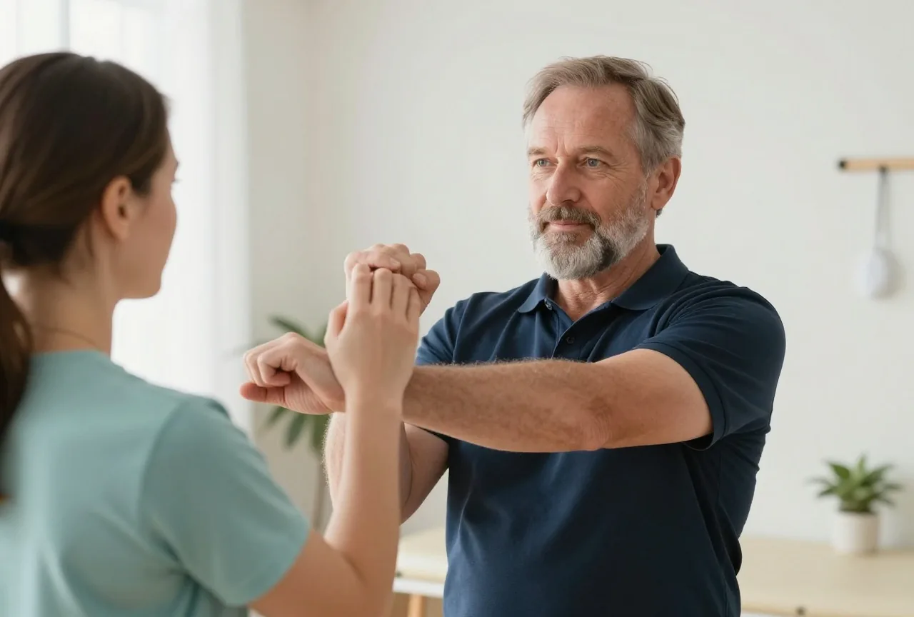 Mann Mitte sechzig mit grauem Bart übt in einem hellen Therapieraum mit einer Physiotherapeutin mit braunem Pferdeschwanz eine ruhige Dehnübung für den Arm