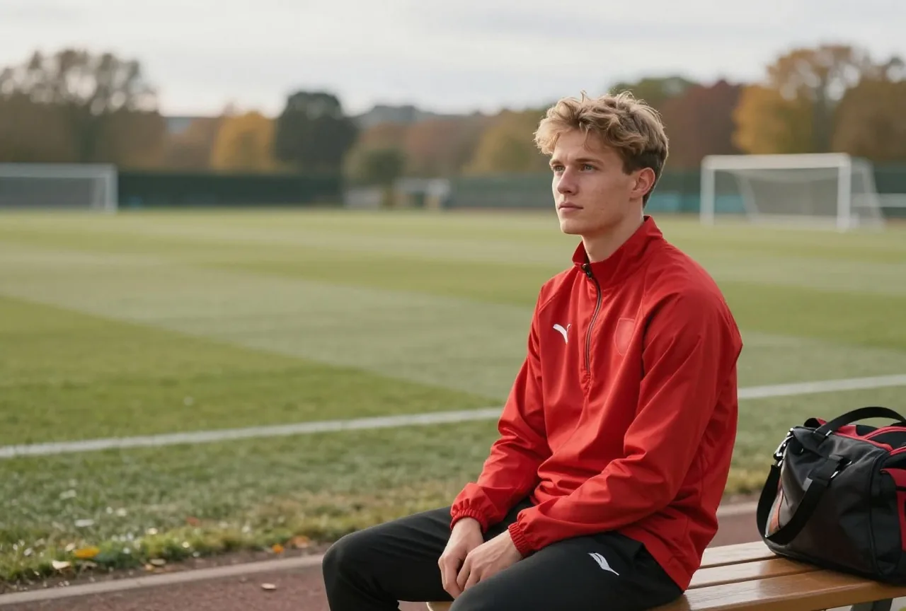 Junger Mann Anfang zwanzig mit dunkelblondem Haar sitzt in einer roten Trainingsjacke auf einer Holzbank am Rand eines leeren Sportplatzes, neben ihm eine Sporttasche