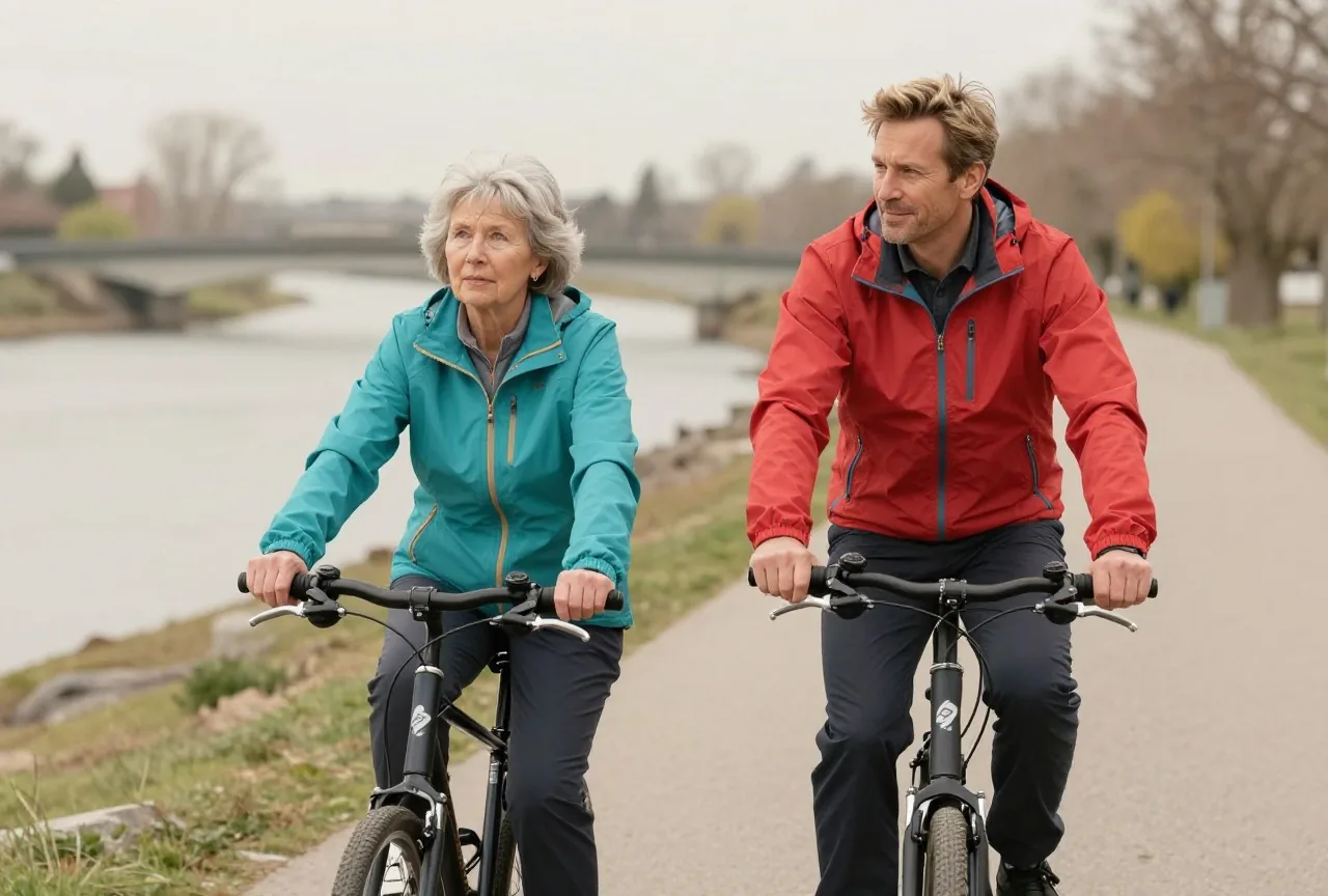 Ältere Frau mit grauem Kurzhaarschnitt und ein Mann mittleren Alters mit dunkelblondem Haar fahren auf einem Radweg am Flussufer nebeneinander Fahrrad