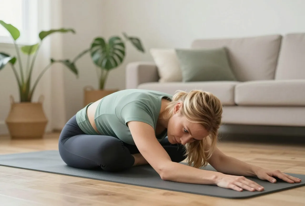 Frau Anfang dreißig mit zurückgebundenem blondem Haar in einem salbeigrünen Sportoberteil macht auf einer Matte in einem hellen Wohnzimmer mit Pflanzen eine sanfte Yoga-Dehnung