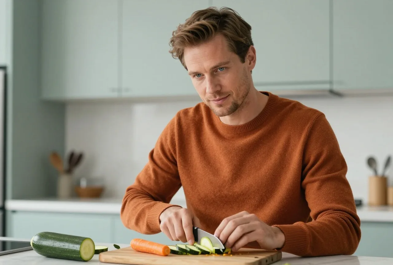 Mann Anfang vierzig mit kurzem braunem Haar in einem rostorangen Pullover schneidet in einer hellen Küche Zucchini und Karotten auf einem Holzbrett