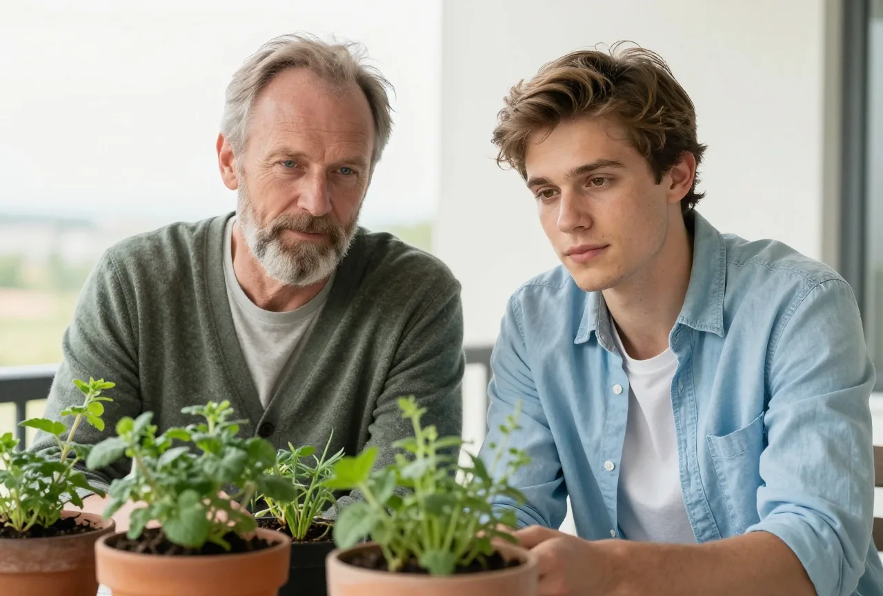 Vater mit grauem Bart und erwachsener Sohn mit dunkelblondem Haar topfen an einem sonnigen Tag auf einem Balkon gemeinsam Kräuter um