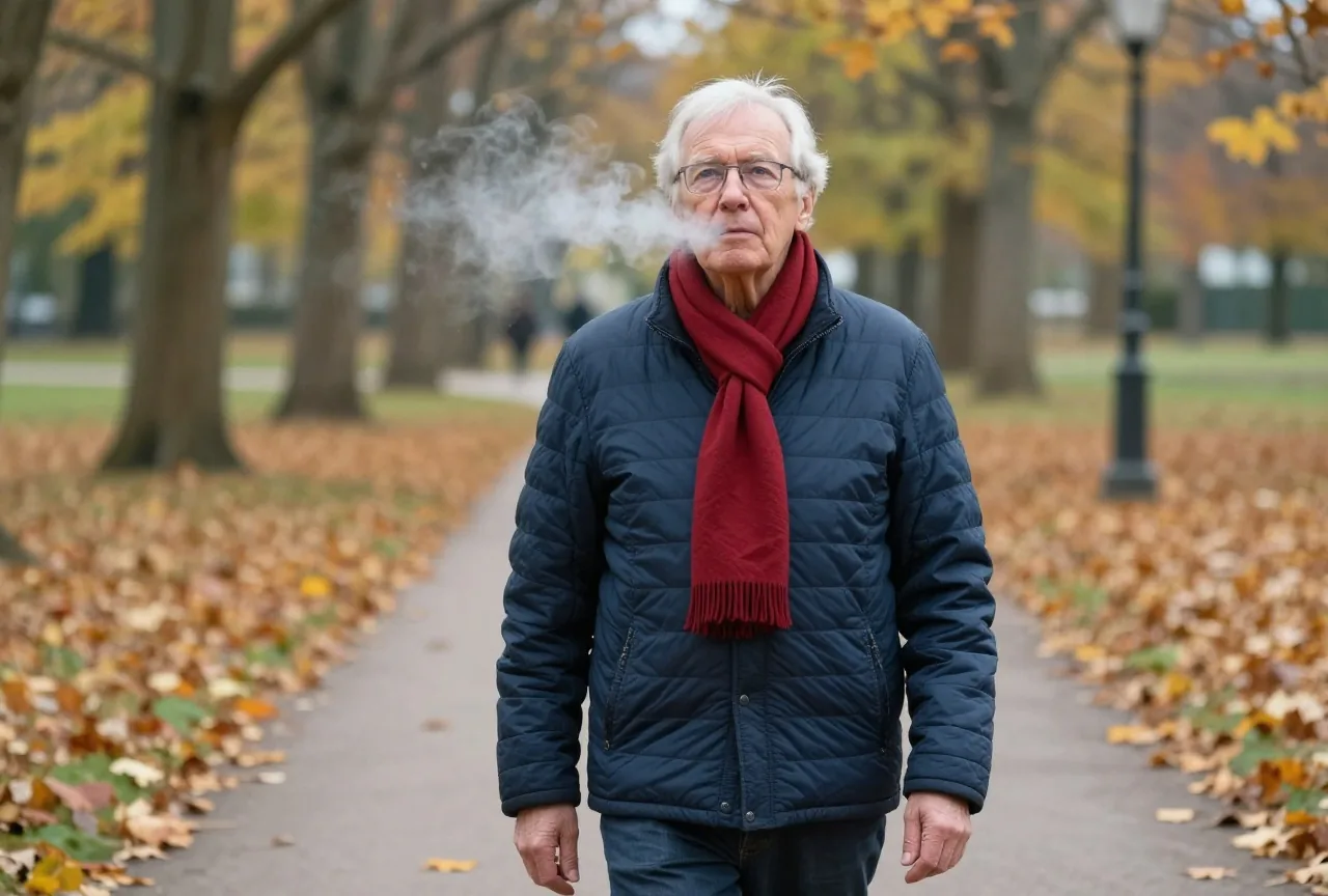 Mann Ende sechzig mit weißem Haar und Brille in dunkelblauer Steppjacke und rotem Schal geht an einem klaren Herbsttag durch einen Park mit buntem Laub und atmet tief durch