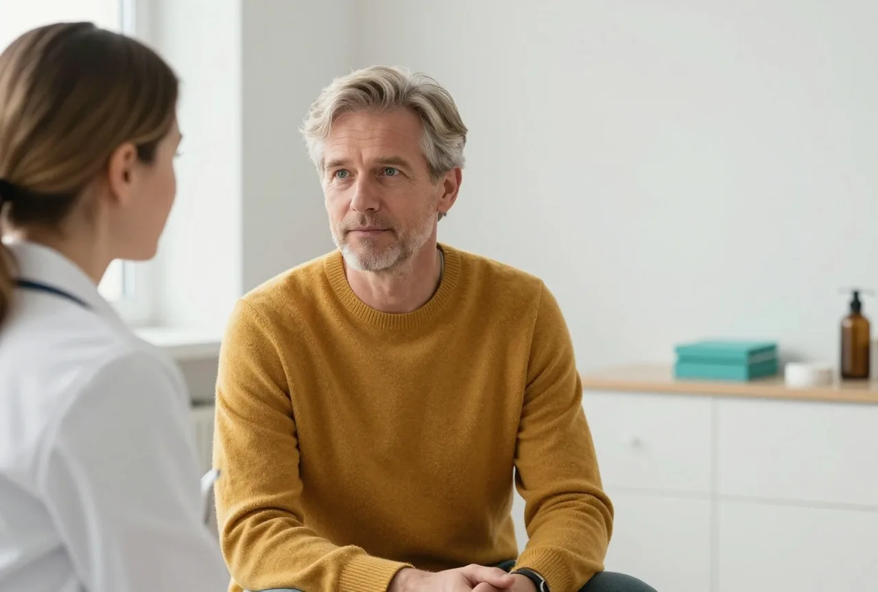 Mann Mitte fünfzig mit graublondem Haar in einem senfgelben Pullover sitzt in einem hellen Sprechzimmer einer Hautärztin mit dunkelblondem Haar gegenüber, beide sprechen ruhig miteinander
