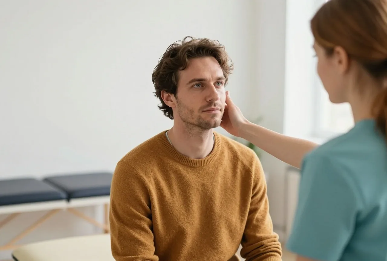 Mann Ende vierzig mit dunkelbraunem Haar in einem senffarbenen Pullover sitzt auf einer Behandlungsliege, eine Physiotherapeutin mit kastanienbraunem Haar führt behutsam seine Kopfdrehung