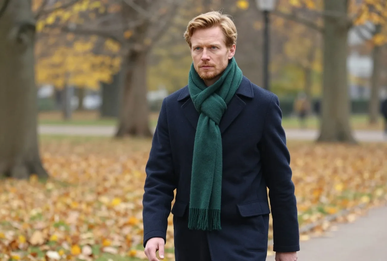 Mann Mitte vierzig mit rotblondem Haar und dunkelgrünem Schal spaziert an einem kühlen Herbsttag durch einen Park mit gelbem Laub