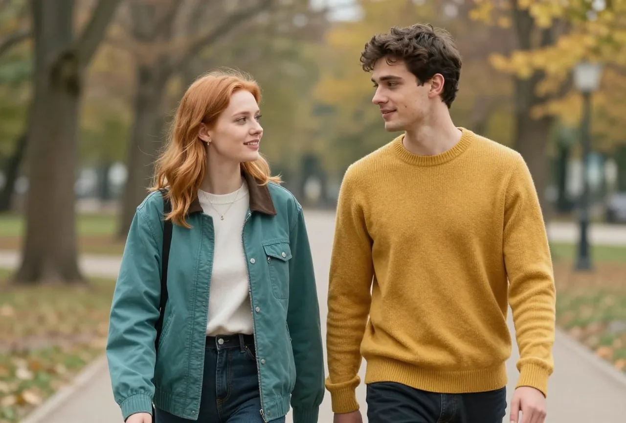 Junges Paar Ende zwanzig, sie mit rotblondem Haar in einer petrolfarbenen Jacke, er mit dunkelbraunem Haar in einem senfgelben Pullover, geht an einem sonnigen Herbsttag nebeneinander einen Parkweg entlang und unterhält sich
