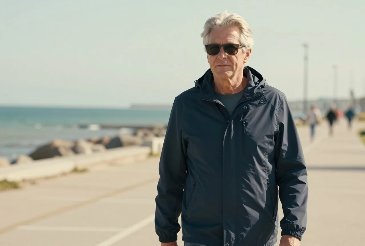 Mann Ende fünfzig mit silbernem Haar in einer dunkelblauen Windjacke und mit eng anliegender Sonnenbrille geht an einem hellen, windigen Tag eine Strandpromenade entlang