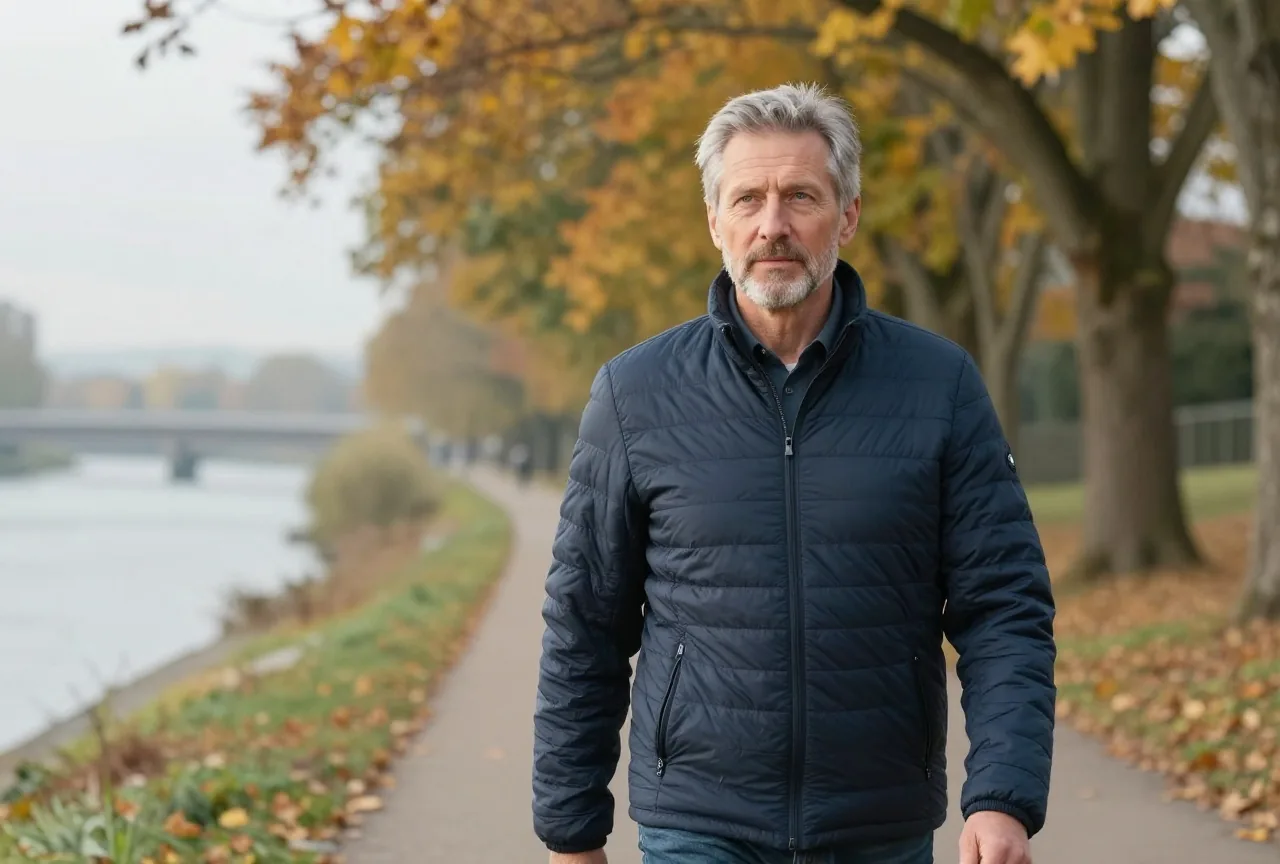 Mann Mitte sechzig mit grauem Haar und Bart in einer marineblauen Steppjacke geht an einem Herbstmorgen zügig einen Uferweg entlang