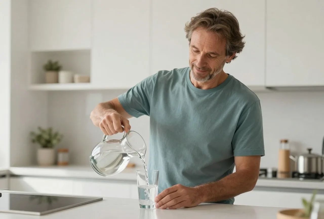 Mann in den Vierzigern gießt an einer hellen Küchenarbeitsplatte Wasser aus einem Krug in ein Glas