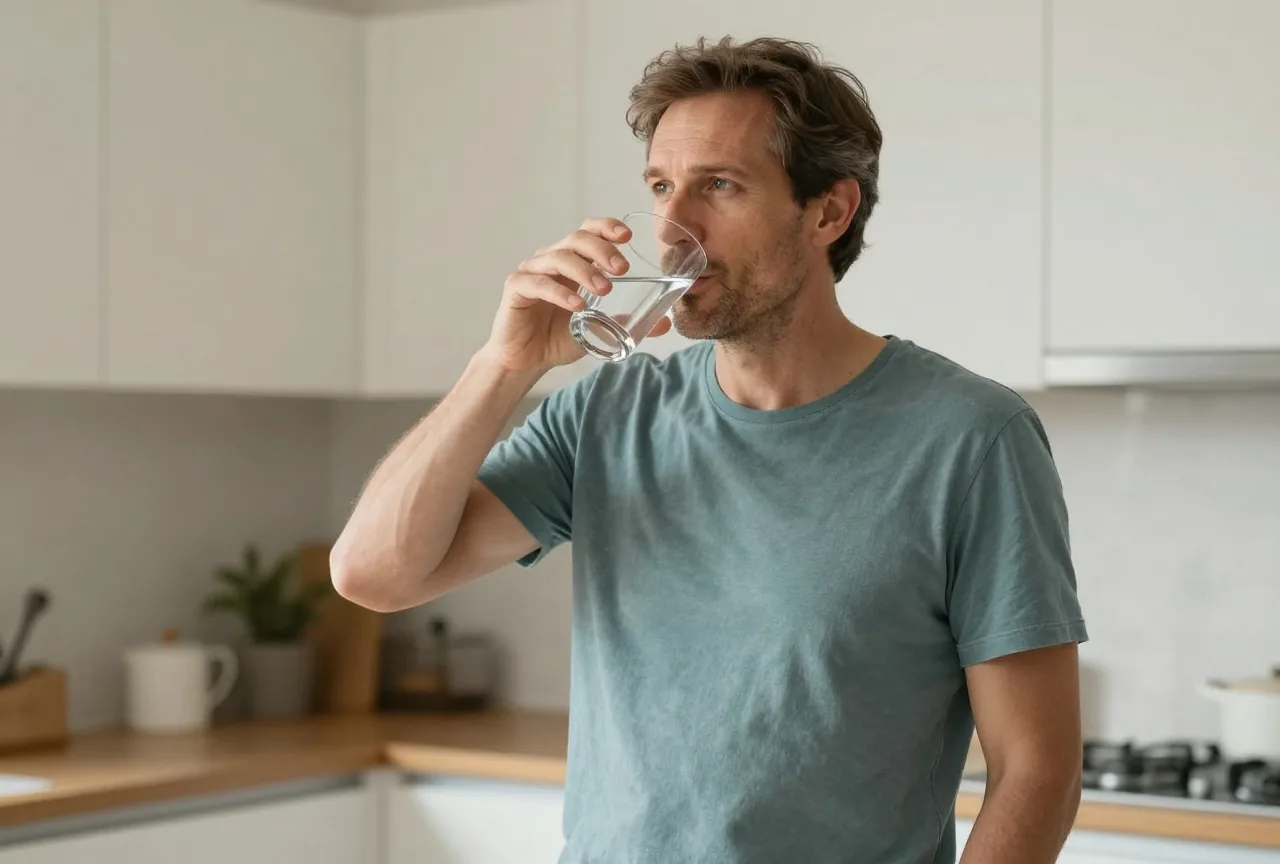 Mann in den Vierzigern trinkt morgens an der Küchenarbeitsplatte ein Glas Wasser