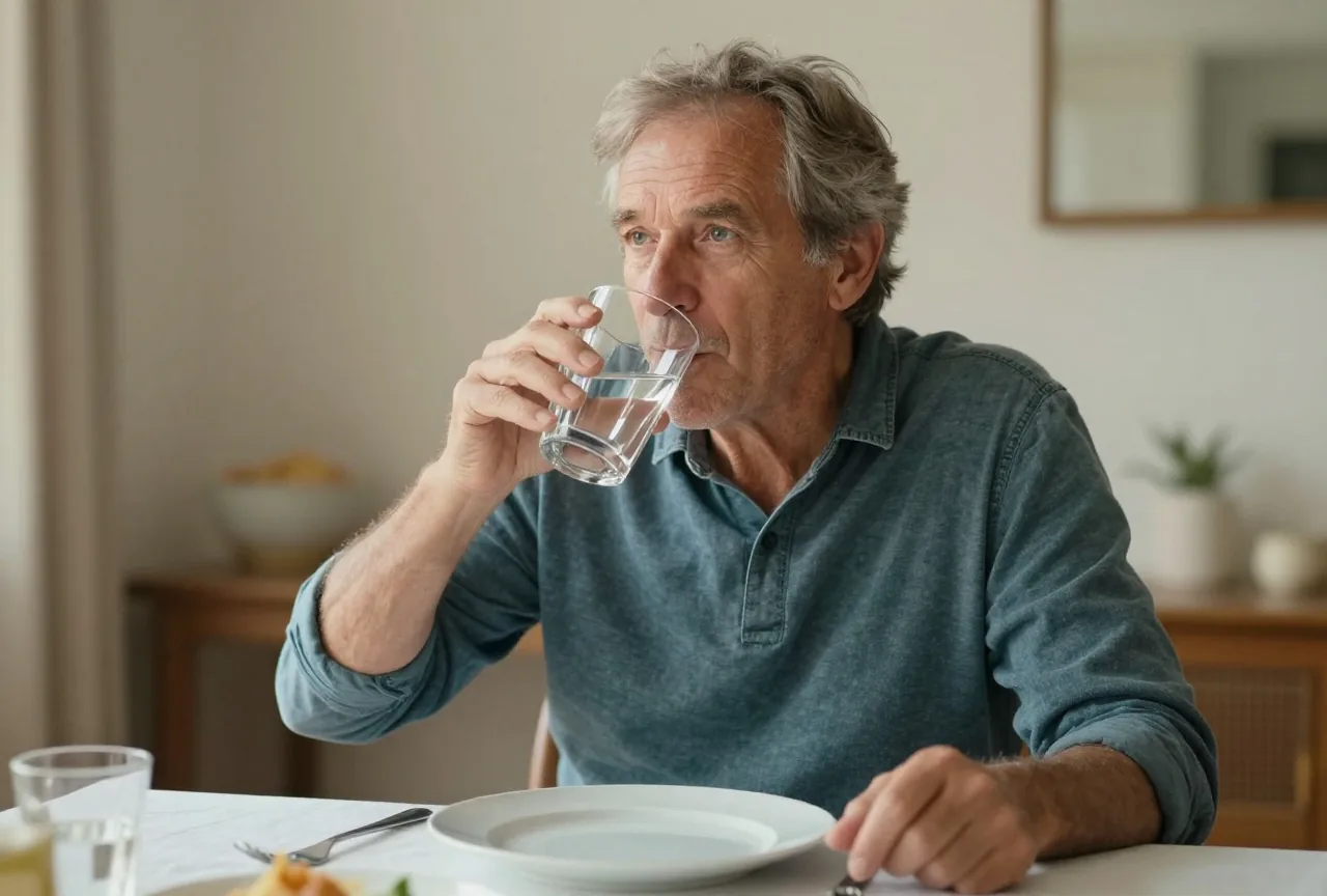 Mann in den Sechzigern sitzt am Esstisch nach dem Mittagessen und trinkt ein Glas Wasser