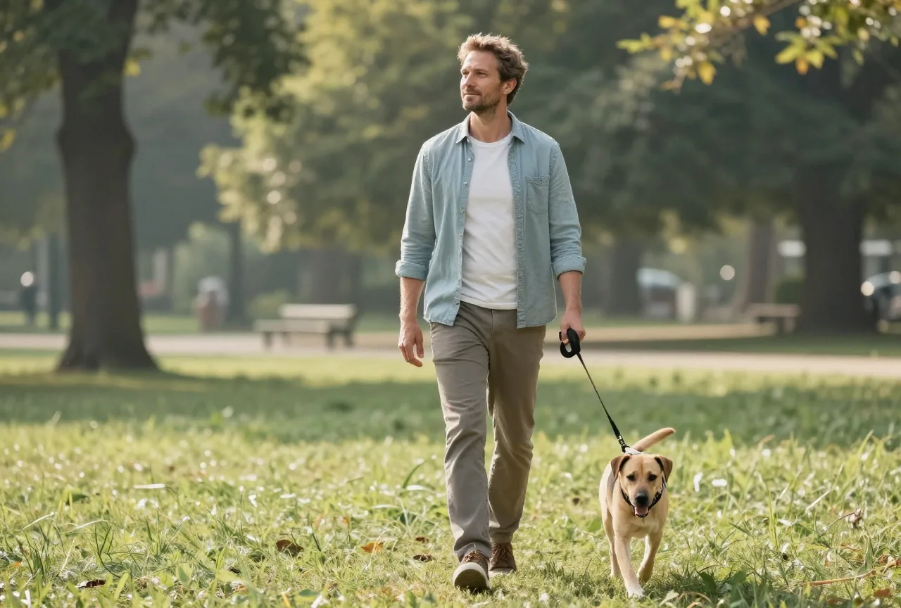 Mann in den Vierzigern geht an einem sonnigen Morgen mit seinem Hund durch einen Park