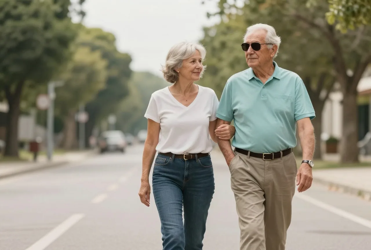 Älterer Mann mit Sonnenbrille geht an einem bewölkten Tag Arm in Arm mit seiner erwachsenen Tochter eine ruhige Allee entlang