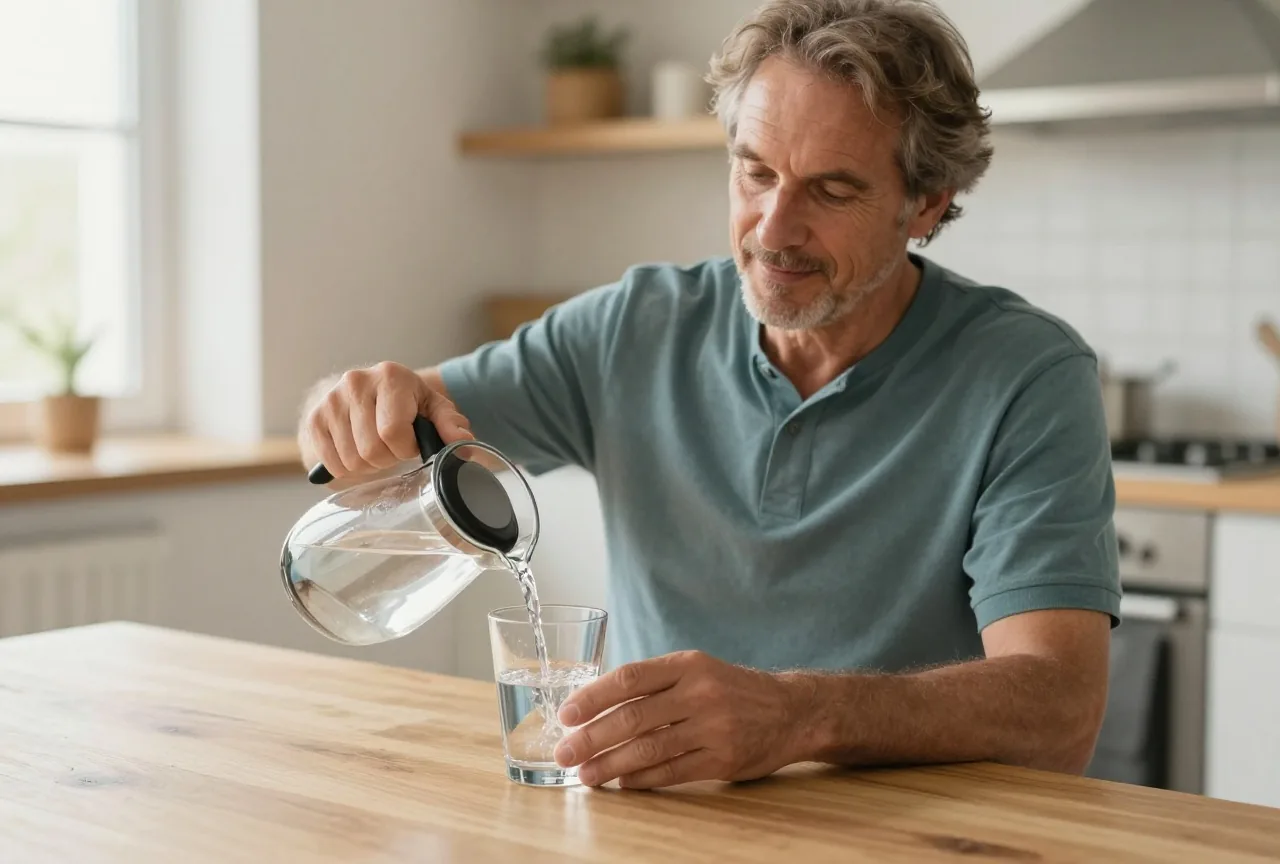 Mann in den Fünfzigern gießt sich am hellen Küchentisch Wasser aus einer Glaskaraffe in ein Trinkglas