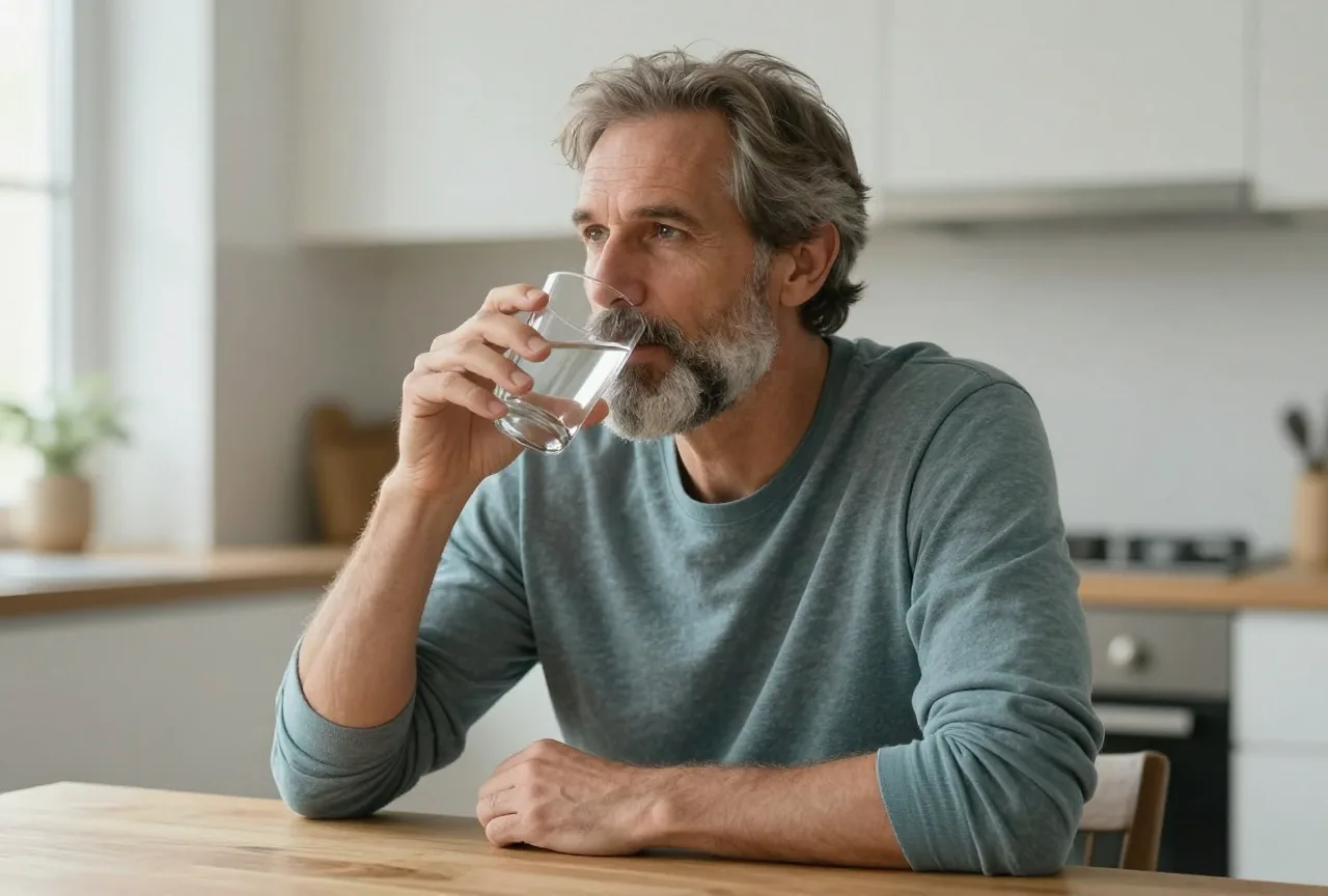 Mann Ende fünfzig mit grauem Bart sitzt in einer hellen Küche am Tisch und trinkt ein Glas Wasser