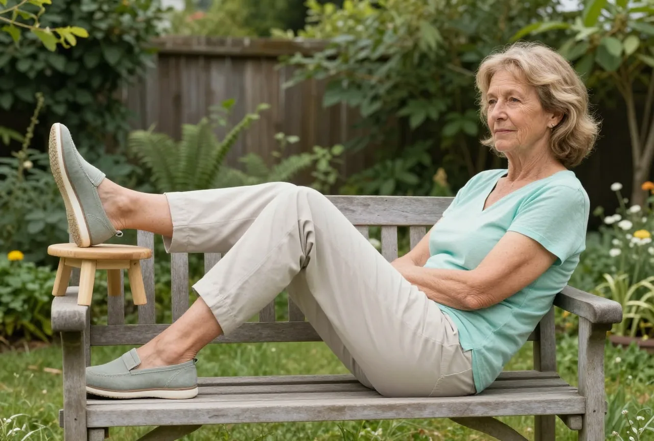 Frau in den Sechzigern sitzt auf einer Gartenbank und hat die Beine auf einem Hocker hochgelegt
