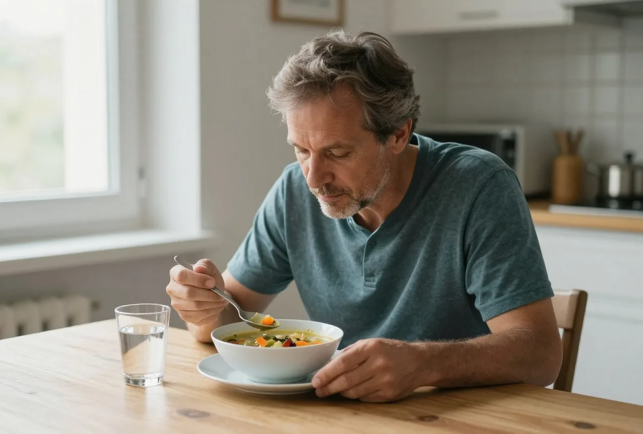 Mann in den Vierzigern isst am Küchentisch eine Schüssel Suppe, daneben ein Glas Wasser