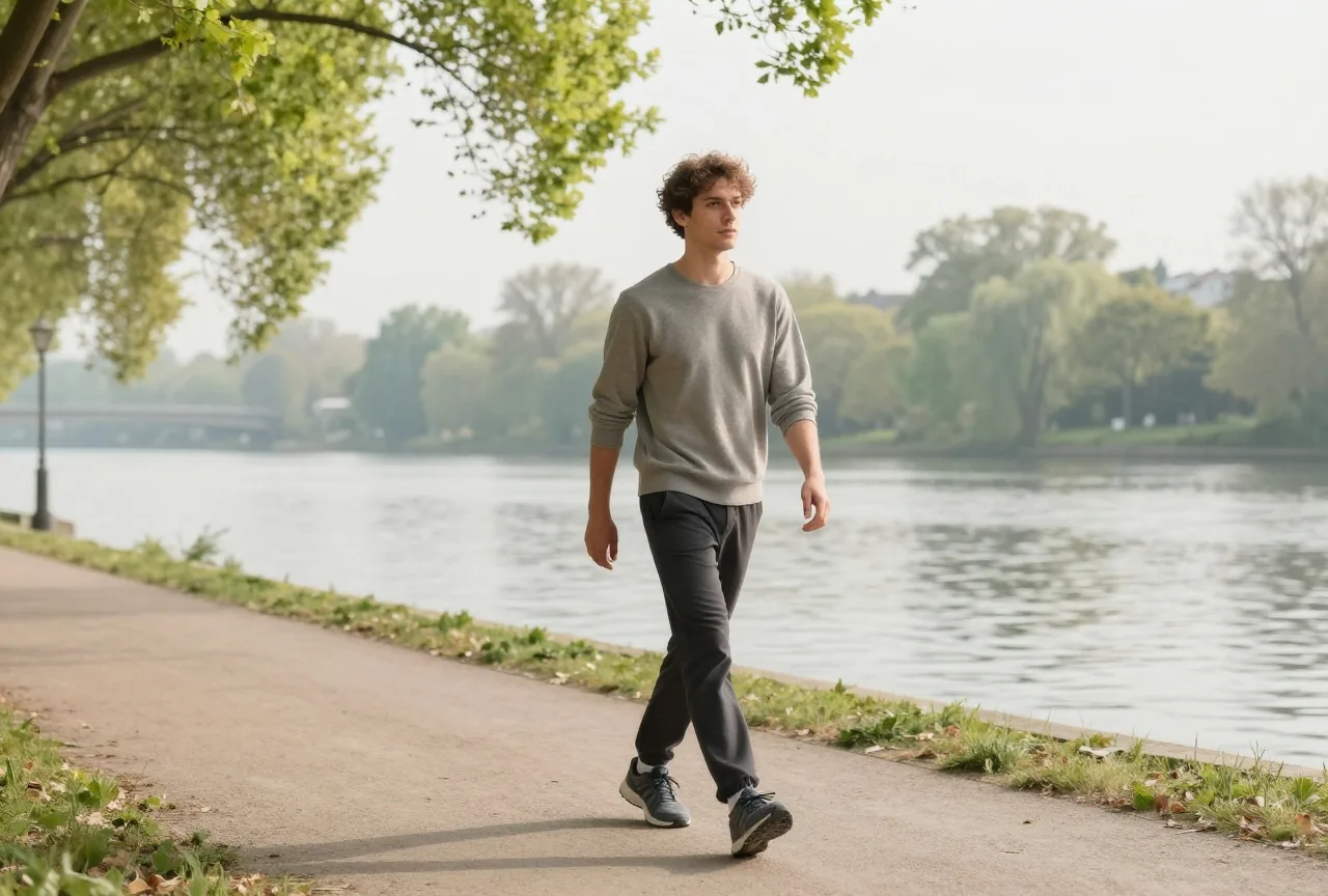 Junger Mann Ende zwanzig geht an einem ruhigen Morgen mit Laufschuhen langsam einen Weg am Flussufer entlang