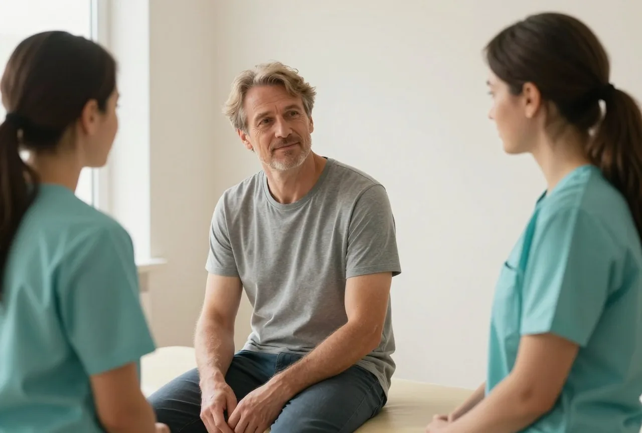 Mann Anfang fünfzig im Gespräch mit einer Physiotherapeutin in einem hellen Behandlungsraum, beide sitzen entspannt nebeneinander