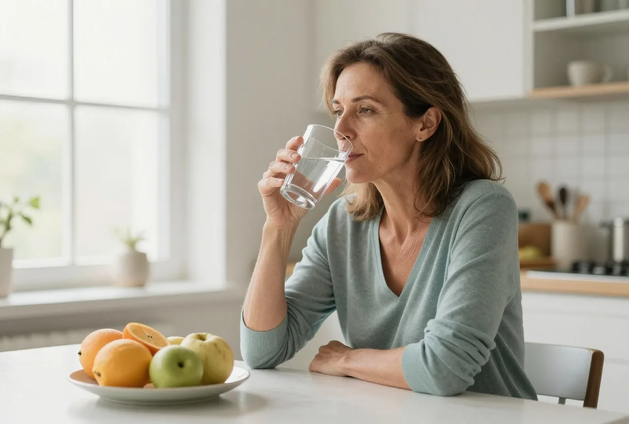 Frau in den Fünfzigern trinkt am Küchentisch ein Glas Wasser, daneben ein Teller mit Obst